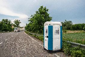 Hradek nad Nisou-Porajow border crossing between Czech Republic and Poland, Toi Toi, mobile toilet