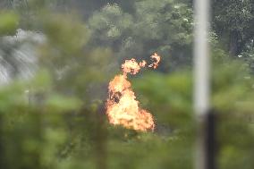 tens of people evacuated over LPG fire in Cesky Tesin, flames