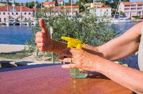 Sali port, restaurant, a hand disinfection, sprayer disinfectant solution