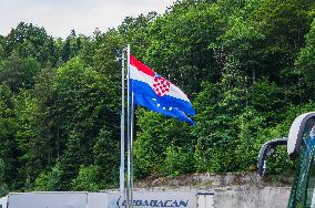 Gruskovje/Macelj  border crossing - Slovenia - Croatia, SLO-HR, flag of European Union, EU, Croatia