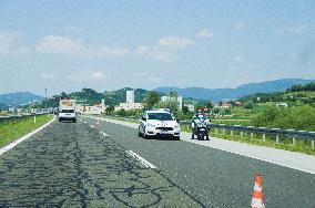 A2 motorway, highway, Trakoscan, sign Cestarina, Pay Toll, Autobahngebuhr, Pagamento pedaggio, Police patrol, traffic jam, truck, lorry