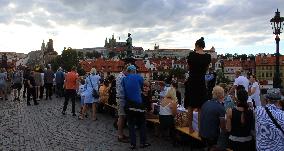 Dinner at 500 metre long table, Charles Bridge, Prague, citizens, Vltava River