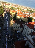 Dinner at 500 metre long table, Charles Bridge, Prague, citizens, Vltava River