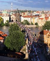 Dinner at 500 metre long table, Charles Bridge, Prague, citizens, Vltava River