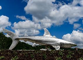 six-ton steel shark sculpture