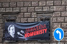 Milada Horakova, poster, the inscription Murdered by Communists, Pilsen, town hall