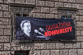 Milada Horakova, poster, the inscription Murdered by Communists, Pilsen, town hall