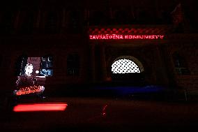 Horakova's portrait was projected on Communist headquarters in Prague, Milada Horakova, the inscription Murdered by Communists