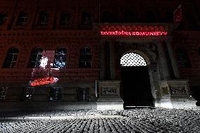 Horakova's portrait was projected on Communist headquarters in Prague, Milada Horakova, the inscription Murdered by Communists