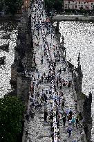 Dinner at 500 metre long table, Charles Bridge, Prague, citizens, Vltava River