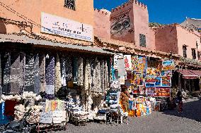 sell of souvenirs, cookware, products from letaher and wood  in medina