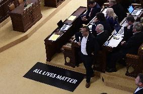 banner saying All Lives Matter in the Chamber of Deputies, Jaroslav Foldyna