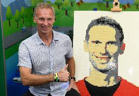 Dominik Hasek, a portrait of legendary hockey goalie Dominik Hasek of Lego interlocking plastic bricks