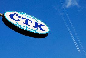 Czech News Agency (CTK) logo, brand, public service agency, airliner, airplane, contrail, contrails