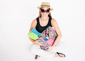 young woman, girl, beach bag, clothing, sunglasses, hat, flip flops