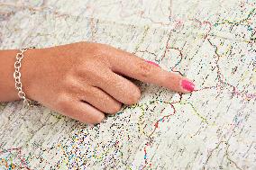 map, travel, traveling, trip, planning, hand, finger, place, destination