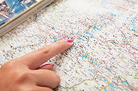 map, travel, traveling, trip, planning, hand, finger, place, destination, guide