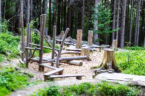 Prachatice, Forest games area, climbing frame, playground, trees