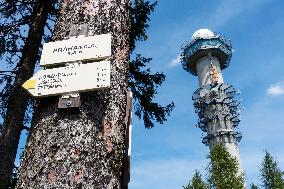 Forested highlands, mountain Brdy, meteorological tower of Brdy