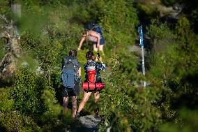 Bohemian Forest, Trojmezna Mountain (Three-border Mountain), Tristolicnik, Plechy, tourists, sun, rock, weather, hot