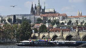 Prague Pride festival, Rainbow Cruise, Charles Bridge, Vltava River, Prague Castle