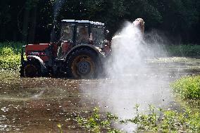 foresters spray against mosquitoes in flooded meadows behind the Pohansko chateau, tractor, spray, spraying