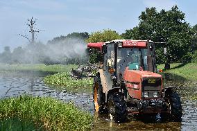 foresters spray against mosquitoes in flooded meadows behind the Pohansko chateau, tractor, spray, spraying