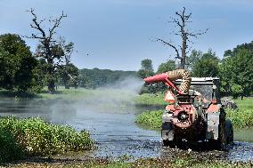 foresters spray against mosquitoes in flooded meadows behind the Pohansko chateau, tractor, spray, spraying