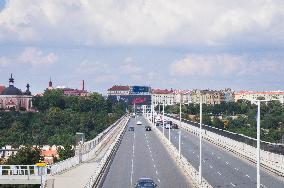 Milada Horakova, poster, billboard, bigboard, the inscription Murdered by Communists, Nuselsky Bridge, Prague