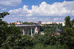 Milada Horakova, poster, billboard, bigboard, the inscription Murdered by Communists, Nuselsky Bridge, Prague