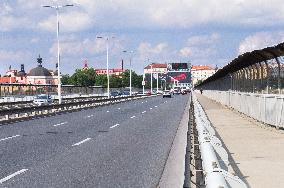 Milada Horakova, poster, billboard, bigboard, the inscription Murdered by Communists, Nuselsky Bridge, Prague