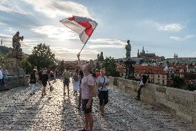 symbolic human chain at the Charles Bridge in Prague, support for human rights and free elections in Belarus