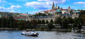 Tourist, tourism ship, boat,  Luznice, river Vltava, Prague, Prague Castle