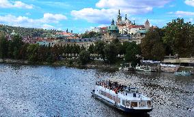 Tourist, tourism ship, boat, Luznice, river Vltava, Prague, Prague Castle