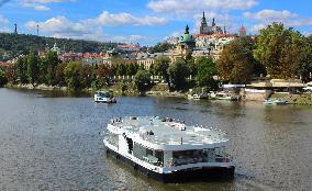 Fully electric cruise ship Bella Bohemia, river Vltava, Prague, tourist, tourism