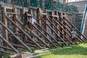 repairs of the Elbe (Labe) riverbed walls on Eliska embankment in Hradec Kralove