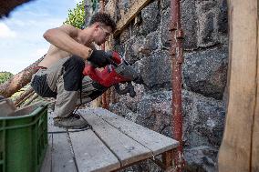 repairs of the Elbe (Labe) riverbed walls on Eliska embankment in Hradec Kralove