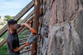 repairs of the Elbe (Labe) riverbed walls on Eliska embankment in Hradec Kralove