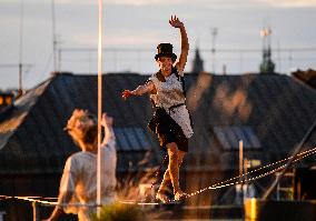 filming of Andersen's fairy tale The Shepherdess and the Chimney Sweep on the roofs of the Lucerna Palace in Prague, acrobatics