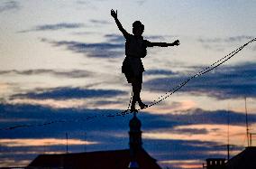 filming of Andersen's fairy tale The Shepherdess and the Chimney Sweep on the roofs of the Lucerna Palace in Prague, acrobatics