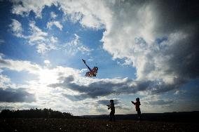 children, child, kids, kid, kite, fly, autumn, play, game, silhouette, field, sky