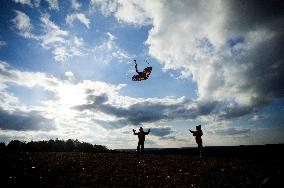 children, child, kids, kid, kite, fly, autumn, play, game, silhouette, field, sky