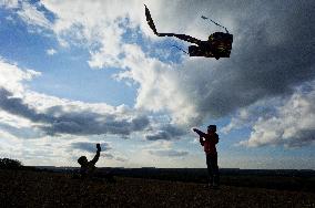 children, child, kids, kid, kite, fly, autumn, play, game, silhouette, field, sky