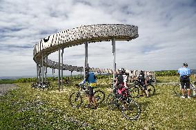 Path upon vineyards, Kobyli, skywalk, observation tower, circular ramp, spiralling viewpoint, cyclist