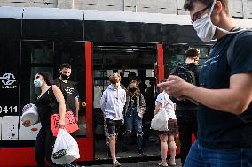 VIRUS OUTBREAK CZECH REPUBLIC, people, face mask, tram station