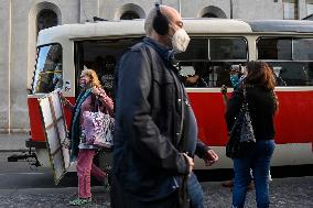 VIRUS OUTBREAK CZECH REPUBLIC, people, face mask, tram station