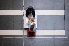 fast food, restaurant, lunch, spacing, people, pair, couple