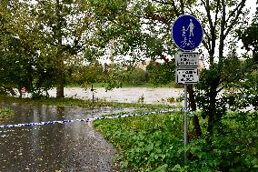 Heavy rainfalls, flood, River Becva, Lipnik nad Becvou