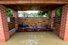 Heavy rainfalls, flood, River Becva, village Usti