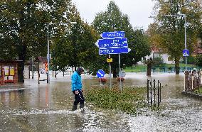 Heavy rainfalls, flood, River Becva, village Usti